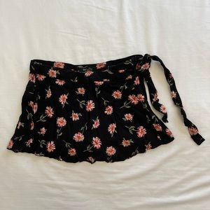 Floral black pattern ultra mini skort with tie waist